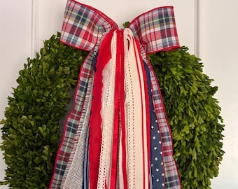 Lazo de cinta para corona Americana – Lazo rústico rojo, blanco y azul, lazo para corona patriótica, decoración veraniega de estilo vintage