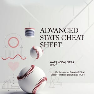 Op de afbeelding: Afbeelding van een honkbal statistieken cheat sheet. Witte honkballen met rode stiksels zweven naast de tekst "ADVANCED STATS CHEAT SHEET". De statistieken WAR, wOBA, SIERA en WRC+ zijn ook opgenomen. De tekst "Professional Baseball Stat Sheet--Instant Download PDF!" is ook zichtbaar.