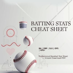 May include: A graphic featuring baseballs and the text "BATTING STATS CHEAT SHEET." The design includes baseballs with red stitching, along with baseball statistics abbreviations. The text also includes "Professional Baseball Stat Sheet - Instant Download PDF!"