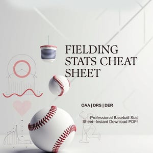 May include: A white baseball with red stitching floats in front of a white background. The text "FIELDING STATS CHEAT SHEET" is displayed in black. The image also includes the text "OAA | DRS | DER" and "Professional Baseball Stat Sheet--Instant Download PDF!"