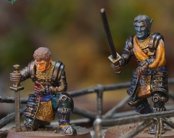 May include: Two hand-painted miniature figurines on circular bases. One figure kneels, holding a sword with a metallic finish, wearing bronze and blue armor. The other figure stands, holding a sword aloft, with blue skin and bronze armor.