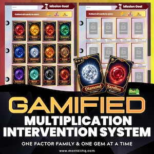 May include: A gamified multiplication intervention system featuring a collection sheet with slots for gem cards labeled Sardius, Topaz, Carbuncle, Emerald, Sapphire, Diamond, Jacinth, Agate, Amethyst, Beryl, Onyx, and Jasper, with two loose Diamond and Sardius cards.