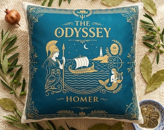 The Odyssey Pillow Cover, Homer Greek Mythology Throw Pillow, Teal Gold Literary Decor, Athena Greek Ship Pillowcase, Book Lover Gift
