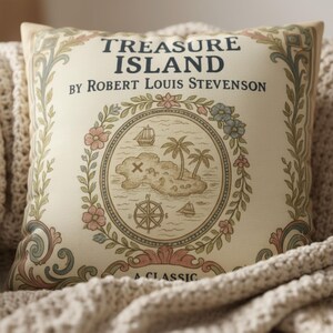 Treasure Island Pillow Cover, Robert Louis Stevenson Vintage Book Decor, Nautical Reading Nook Cushion, Book Lover Gift, Library Style image 2