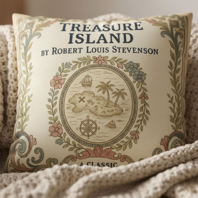 Treasure Island Pillow Cover, Robert Louis Stevenson Vintage Book Decor, Nautical Reading Nook Cushion, Book Lover Gift, Library Style image 2