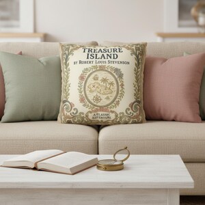 Treasure Island Pillow Cover, Robert Louis Stevenson Vintage Book Decor, Nautical Reading Nook Cushion, Book Lover Gift, Library Style image 8