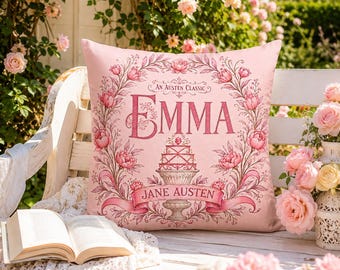 Emma Jane Austen Pillow Cover, Classic Literature Decor, Pink Floral Book Pillow, Cottagecore Reading Nook Gift, Gift for her
