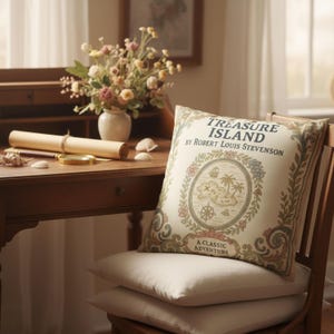 Treasure Island Pillow Cover, Robert Louis Stevenson Vintage Book Decor, Nautical Reading Nook Cushion, Book Lover Gift, Library Style image 3