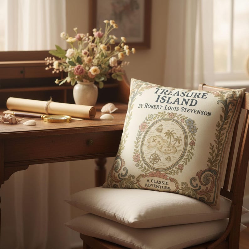 Treasure Island Pillow Cover, Robert Louis Stevenson Vintage Book Decor, Nautical Reading Nook Cushion, Book Lover Gift, Library Style image 3