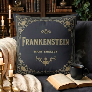 Frankenstein Pillow Cover, Gothic Halloween Decor, Mary Shelley Book Cushion Case, Vintage Literature Throw Pillow, Book Lovers Gift