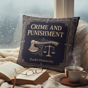 May include: A navy blue pillow with the text "CRIME AND PUNISHMENT" and the author's name, Fyodor Dostoevsky, in gold lettering. The pillow features an axe and scales design. An open book, glasses, and a cup of tea are in the foreground.