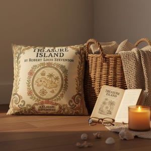 Treasure Island Pillow Cover, Robert Louis Stevenson Vintage Book Decor, Nautical Reading Nook Cushion, Book Lover Gift, Library Style image 5