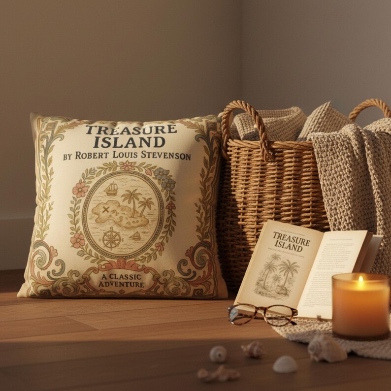 Treasure Island Pillow Cover, Robert Louis Stevenson Vintage Book Decor, Nautical Reading Nook Cushion, Book Lover Gift, Library Style image 5
