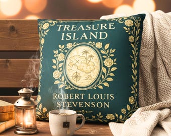 Treasure Island Pillow Cover, Vintage Book Decor Deep Green, Nautical Reading Nook Cushion, Coastal Library Aesthetic Gift for Book Lovers