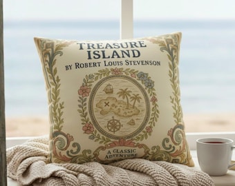 Treasure Island Pillow Cover, Robert Louis Stevenson Vintage Book Decor, Nautical Reading Nook Cushion, Book Lover Gift, Library Style