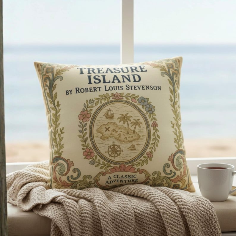 Treasure Island Pillow Cover, Robert Louis Stevenson Vintage Book Decor, Nautical Reading Nook Cushion, Book Lover Gift, Library Style image 1