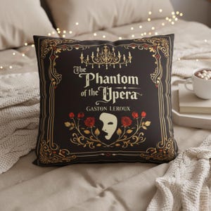The Phantom of the Opera Pillowcase, Vintage Gothic Book Cover Decor, Literary Musical & Book Lovers Gift, Dark Academia Cushion Cover image 2