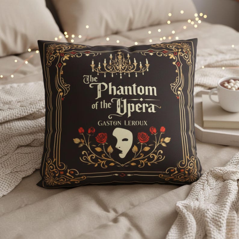 The Phantom of the Opera Pillowcase, Vintage Gothic Book Cover Decor, Literary Musical & Book Lovers Gift, Dark Academia Cushion Cover image 2
