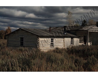 Menor's Cabin - Matted photograph of William Menor's homestead in the Grand Tetons National Park.