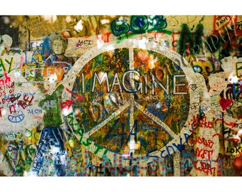 Peace - Matted photograph of John Lennon inspired graffiti on a wall in Prague