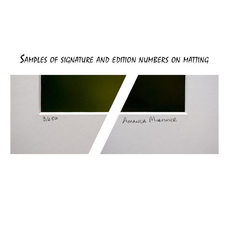 May include: Close-up of a white matted artwork with the text "SAMPLES OF SIGNATURE AND EDITION NUMBERS ON MATTING". The artwork is signed "Amanda Mortimer" and numbered "3/250". The artwork has a dark green and black abstract design.