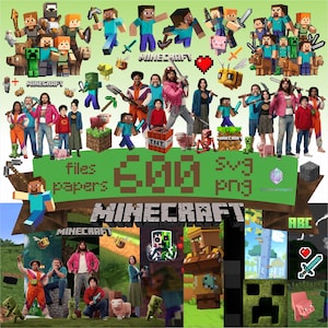 Può includere: Una grafica digitale con vari personaggi ed elementi di Minecraft. L'immagine include figure pixelate, strumenti e la parola "Minecraft" in un font a blocchi. Il testo su uno striscione recita "600 SVG PNG files papers".