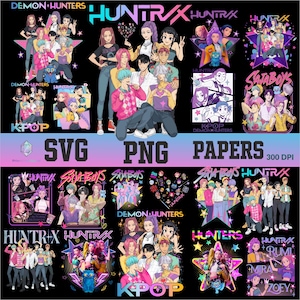 Puede incluir: Una colección de arte digital con ilustraciones temáticas de K-pop. Los diseños incluyen varios personajes y los textos "DEMON HUNTERS," "HUNTRAX" y "SATA BOYS." Las obras de arte están disponibles en formatos SVG, PNG y papel, con una resolución de 300 DPI.