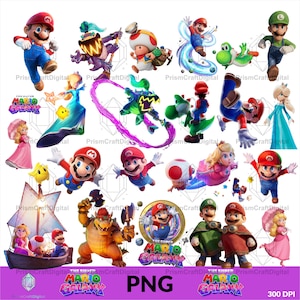 May include: A digital collection of Super Mario Galaxy characters including Mario, Luigi, Princess Peach, Rosalina, Toad, Bowser, and Yoshi in various poses. The set features the Super Mario Galaxy logo, a wooden boat, and colorful magical energy effects.