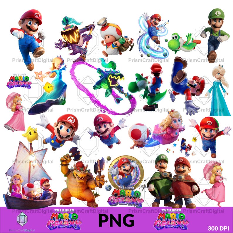 May include: A digital collection of Super Mario Galaxy characters including Mario, Luigi, Princess Peach, Rosalina, Toad, Bowser, and Yoshi in various poses. The set features the Super Mario Galaxy logo, a wooden boat, and colorful magical energy effects.