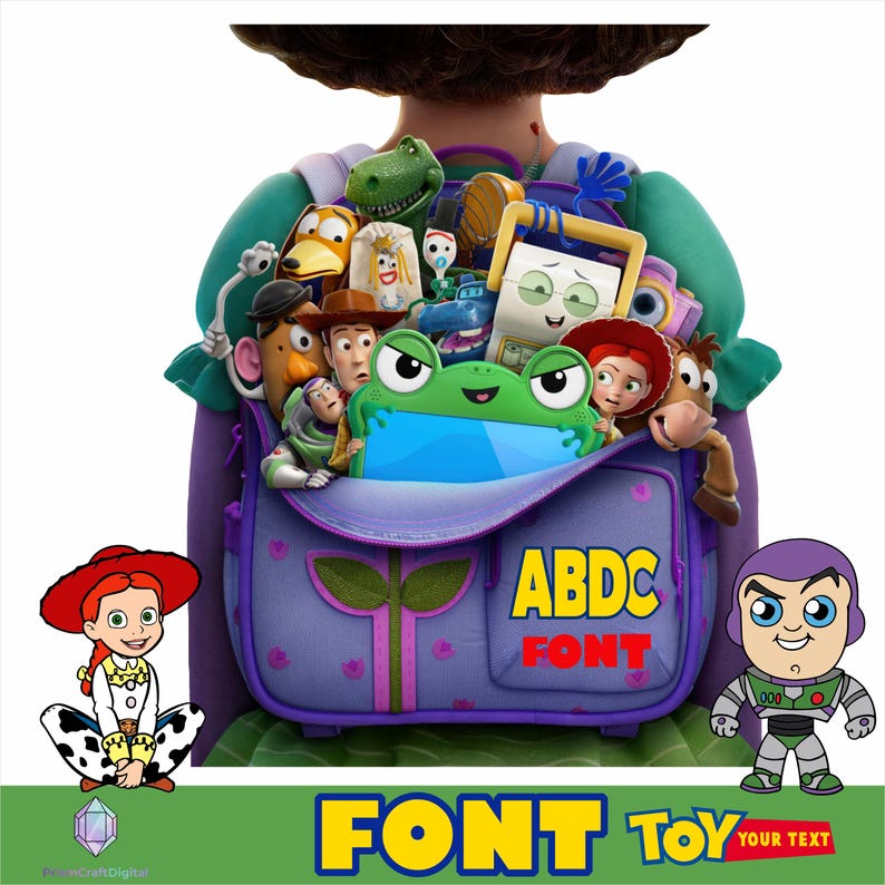 May include: A purple backpack filled with various animated toy characters including a green frog-shaped tablet, a cowboy, a space ranger, and a cowgirl. The front pocket features the yellow text ABDC FONT. Below, a cartoon cowgirl and space ranger appear.
