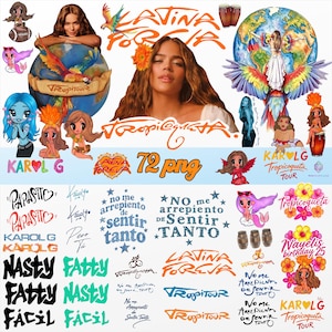 May include: A digital collection of 72 PNG stickers featuring Karol G, including portraits, chibi-style characters, tropical globes, parrots, and text graphics like Latina Forever, Tropicoqueta, Papasito, and No me arrepiento de sentir tanto.