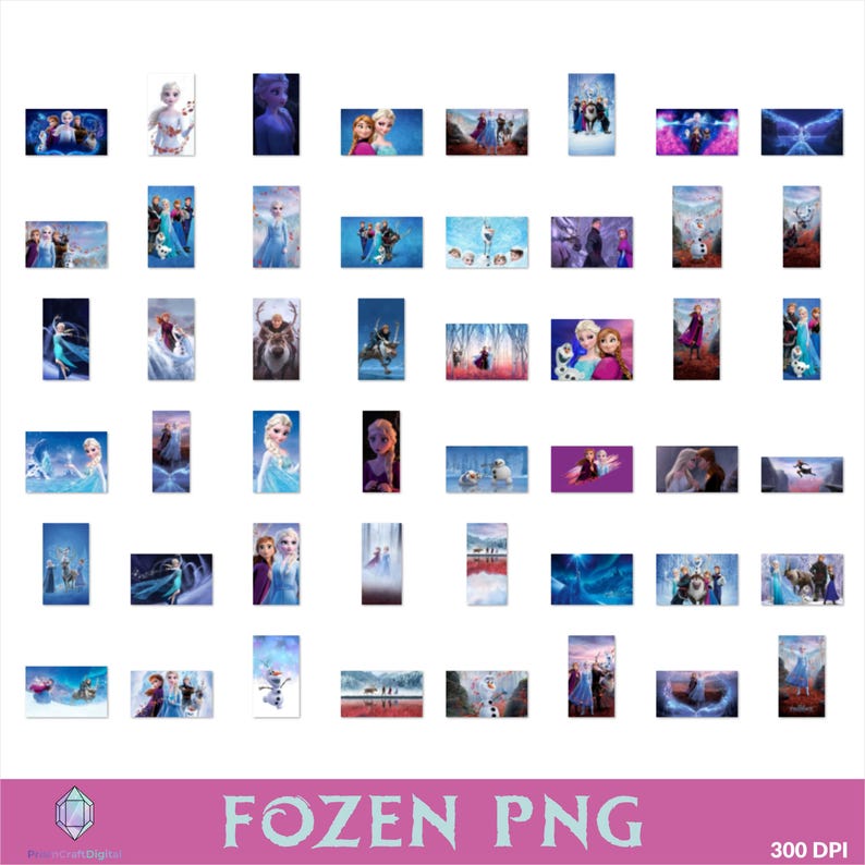 Op de afbeelding: Een verzameling rechthoekige digitale afbeeldingen met personages en sc&egrave;nes uit de animatiefilm "Frozen". De afbeeldingen tonen Elsa, Anna, Olaf en andere personages in verschillende poses en omgevingen, met een roze banner onderaan met de tekst "FROZEN PNG."
