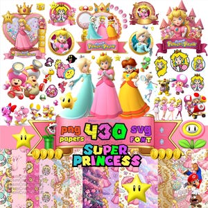 May include: A collection of digital graphics featuring characters from the Super Mario franchise. Includes Princess Peach, Rosalina, Daisy, and other characters. The image also contains the text "Super Princess" and "png papers svg font".