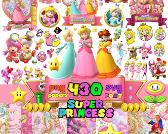 Pacchetto di clipart PNG e SVG di Mario Principessa Peach, Super Mario Principessa Peach, Principesse Rosalina, Festa di compleanno di Mario, Decorazioni per torte di Peach