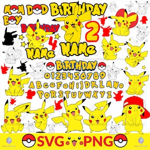 Puede incluir: Un gráfico digital con varios diseños de Pikachu, números y letras. El texto incluye "MOM DAD BIRTHDAY BOY" y "NAME". La imagen es en amarillo, rojo y negro, con un logotipo "SVG PNG".