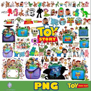 May include: A digital collection of Toy Story character illustrations, including Woody, Buzz Lightyear, Mr. Potato Head, and Rex. The image features various frames, backpacks, and birthday-themed graphics with text like Toy Story, Name, and Happy Birthday.