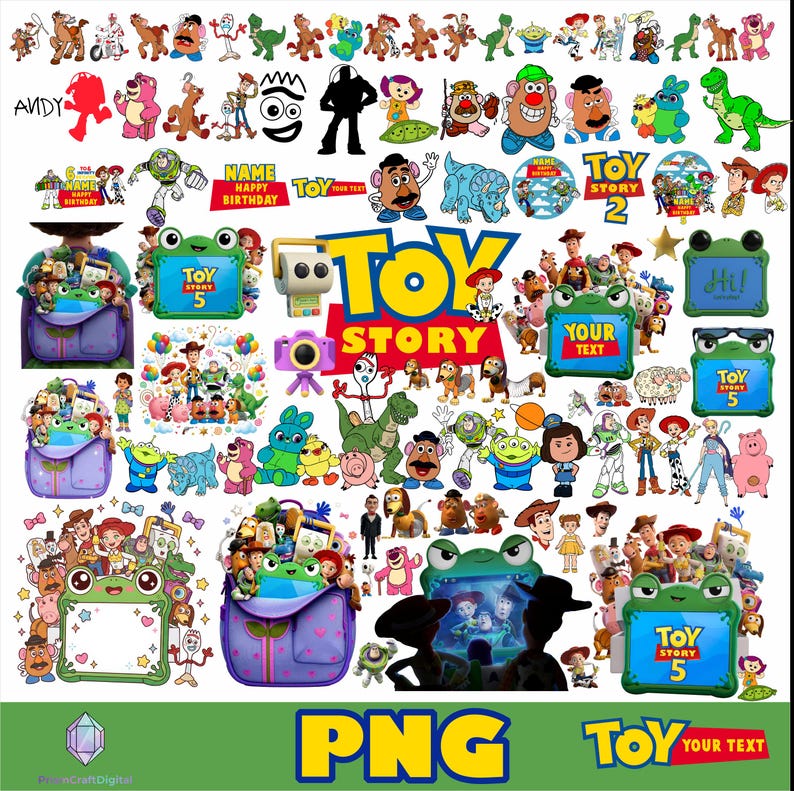 May include: A digital collection of Toy Story character illustrations, including Woody, Buzz Lightyear, Mr. Potato Head, and Rex. The image features various frames, backpacks, and birthday-themed graphics with text like Toy Story, Name, and Happy Birthday.