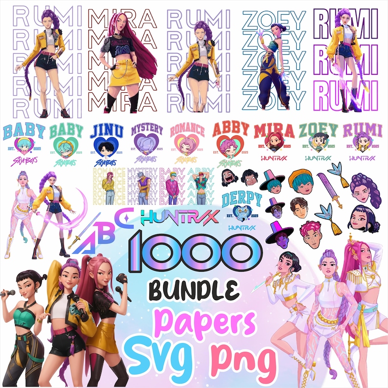 Huntrix PNG+SVG Bundle with Kpop Alphabet, Kpop Clipart-Demon Hunters Clipart Digital Files with Rumi, Mira, Zoey, and Saja-Boys image 2
