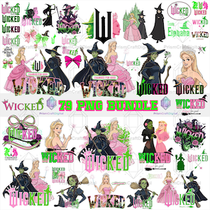 May include: A digital art bundle featuring various illustrations and text elements related to the musical "Wicked." The designs include characters, logos, and phrases like "Wicked" and "Changed for Good" in green, pink, and black. The bundle contains 79 PNG files.