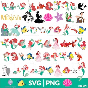 May include: A collection of digital illustrations featuring characters from The Little Mermaid, including Ariel in various poses, Flounder, Sebastian, and King Triton. The set includes colorful graphics, silhouettes, and the text The Little Mermaid.
