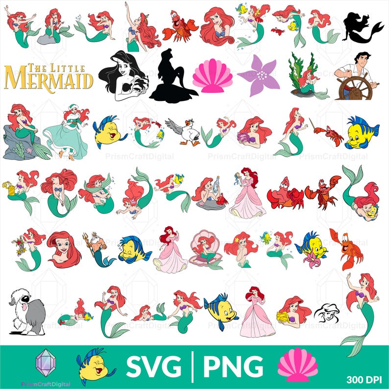 May include: A collection of digital illustrations featuring characters from The Little Mermaid, including Ariel in various poses, Flounder, Sebastian, and King Triton. The set includes colorful graphics, silhouettes, and the text The Little Mermaid.