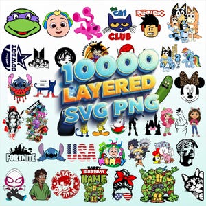 May include: A collection of colorful cartoon character designs, including a ninja turtle, a blue cat, and a character from Roblox. The image also features the text "10000 LAYERED SVG PNG".