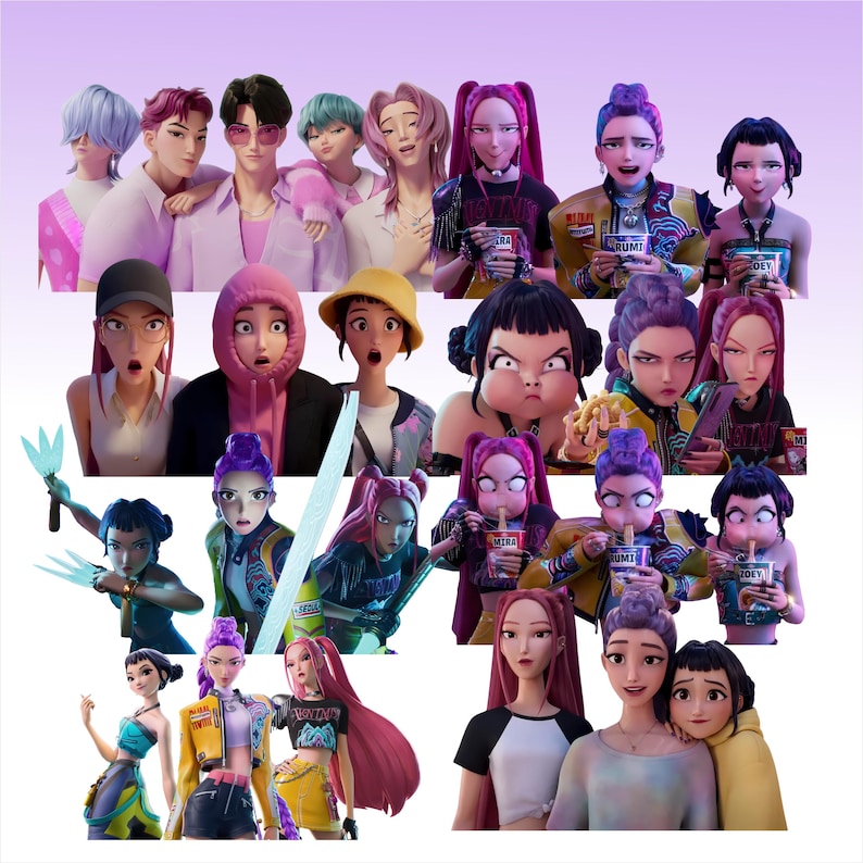 May include: A collage of animated characters with diverse hairstyles and outfits. The characters are depicted in various poses and expressions, some holding objects. The color palette includes pinks, purples, and yellows, set against a soft purple background.