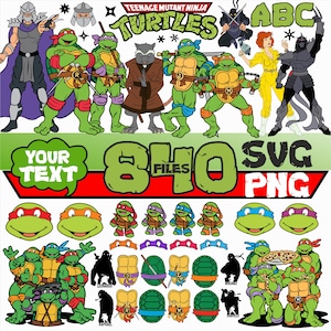May include: A digital collection of Teenage Mutant Ninja Turtles graphic assets including character illustrations, turtle shells, masks, and text elements reading Teenage Mutant Ninja Turtles, Your Text, 840 Files, and SVG PNG.