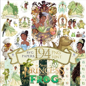 May include: Digital graphics collection themed around "The Princess and the Frog." The image includes illustrations of Tiana, Prince Naveen, Dr. Facilier, and Louis the alligator. Various styles are present, including character portraits and patterned backgrounds. The text "SVG PAPERS 194 PNG FONT" is visible.