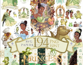 Pacchetto PNG+SVG de La Principessa e il Ranocchio, Topper per torta di Tiana in formato PNG, Principessa Tiana, Clipart della Principessa Ranocchio, File digitale di Princess-naveen-ray-Tiana.