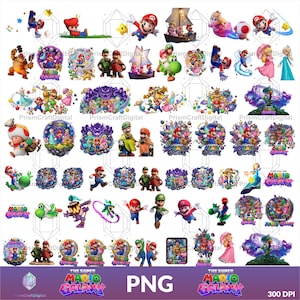 May include: A digital collection of Super Mario Galaxy character illustrations featuring Mario, Luigi, Princess Peach, Toad, and Rosalina in various poses, alongside cosmic elements, stars, and the Super Mario Galaxy logo text throughout.