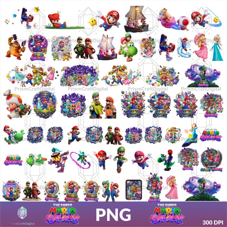 May include: A digital collection of Super Mario Galaxy character illustrations featuring Mario, Luigi, Princess Peach, Toad, and Rosalina in various poses, alongside cosmic elements, stars, and the Super Mario Galaxy logo text throughout.