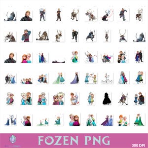 Op de afbeelding: Een verzameling PNG-afbeeldingen met personages en sc&egrave;nes uit de animatiefilm "Frozen". De afbeeldingen bevatten Elsa, Anna, Kristoff, Olaf en Sven, in verschillende poses en omgevingen. De tekst "FOZEN PNG" wordt onderaan weergegeven.
