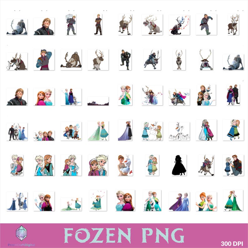 Op de afbeelding: Een verzameling PNG-afbeeldingen met personages en sc&egrave;nes uit de animatiefilm "Frozen". De afbeeldingen bevatten Elsa, Anna, Kristoff, Olaf en Sven, in verschillende poses en omgevingen. De tekst "FOZEN PNG" wordt onderaan weergegeven.